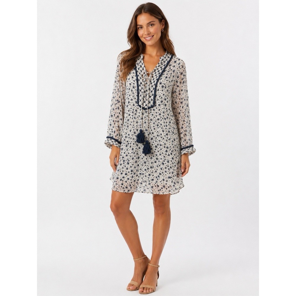 Love The Label Anthropologie Medium Boho Tassel Tunic Dress Navy White Resort